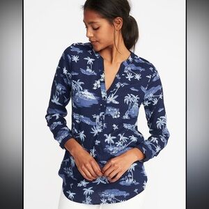 Old Navy Coastal Palm Tree V-Neck Tunic Top Cotton Neutral Size XL Beach Casual